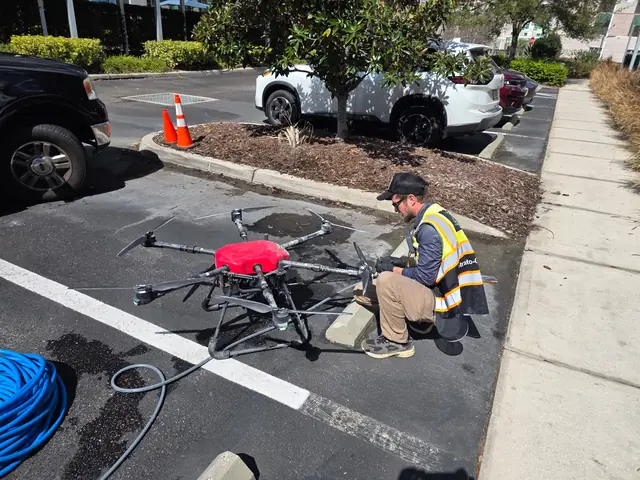Operator preparing the red cleaning drone and hose in the hotel parking lot