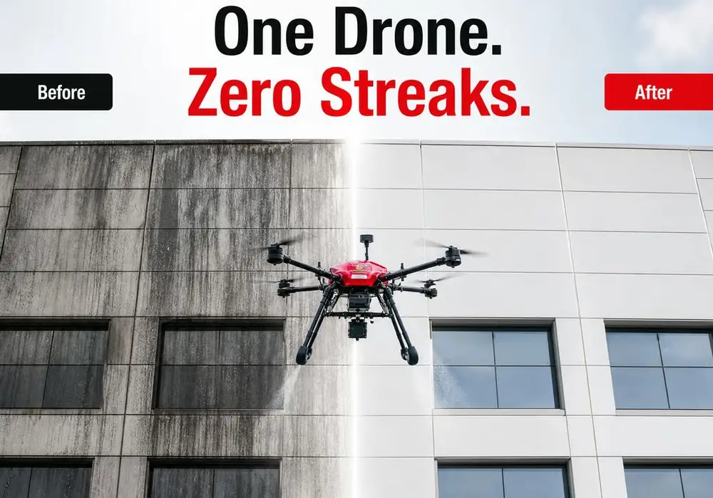 Cleaning drone washing a commercial building façade, showing the dirty and clean sides